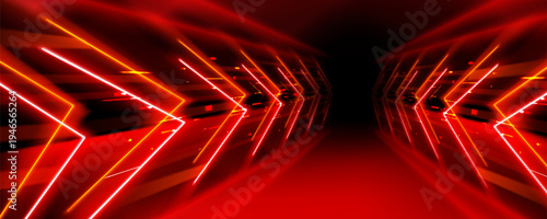 Neon red arrow dynamic tunnel with perspective and glowing lights, abstract vector background. Futuristic tech dark pathway with laser effect, cyber border, electric stage frame