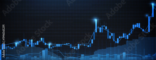 Financial market chart, stock price movements with blue candlestick graphs, trading data analysis, and economic growth indicators on digital screen, abstract vector background