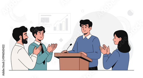 Team applauds speaker at podium during presentation with graph