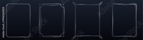 Elegant silver thin line frames realistic vector isolated on black background. Luxury grey metal borders, art deco design, premium labels, vintage decorations, or modern ornamental elements