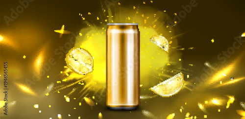 Energy drink can with explosive yellow powder effect and lemon slices on black background. Vector realistic illustration of 3D power citrus beverage, drinking product advertising banner design