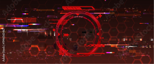 Futuristic HUD interface frame with glitch effect on red warning display background. Vector realistic illustration of cyberpunk data breach screen, abstract neon tech wallpaper, hacker attack concept