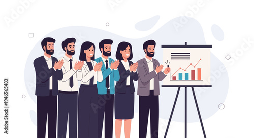 Business team applauding success near a financial chart on a whiteboard