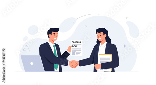 Business partners shaking hands, closing a deal with contract document