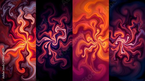 Four abstract, swirling, fractal-like compositions in different colors, resembling galaxies or floral forms
