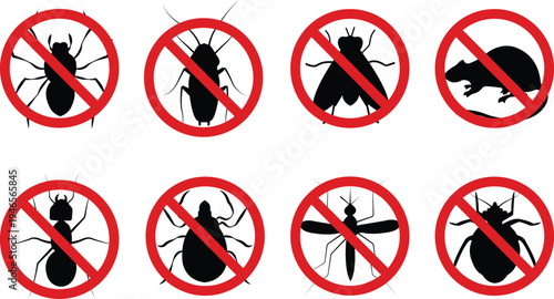 Pest control vector set collection group with insect rodent prohibition icons, bug mosquito rat cockroach symbol, no pest sign silhouette outline isolated design on transparent background.