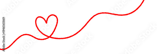 Red thread heart shape with curly rope line for valentines day love design and romantic decoration. Simple thin yarn divider with wavy squiggle texture for cards or backgrounds.