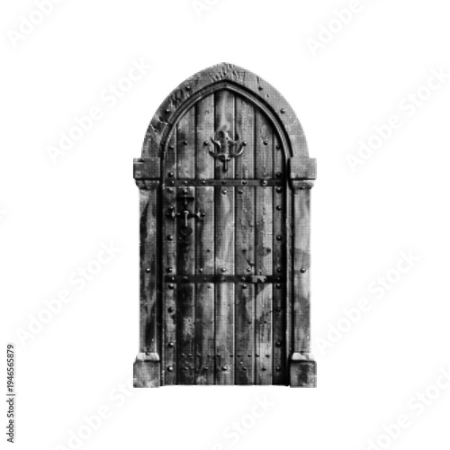 Ancient wooden arched door with iron bars in halftone engraving style. Vintage medieval gate illustration symbolizing architecture, history, fortress entrance, and old European design.