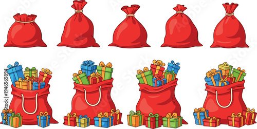 Christmas gift sack illustration set, festive red bags with presents, holiday celebration icons, seasonal decoration graphics, colorful packaging designs