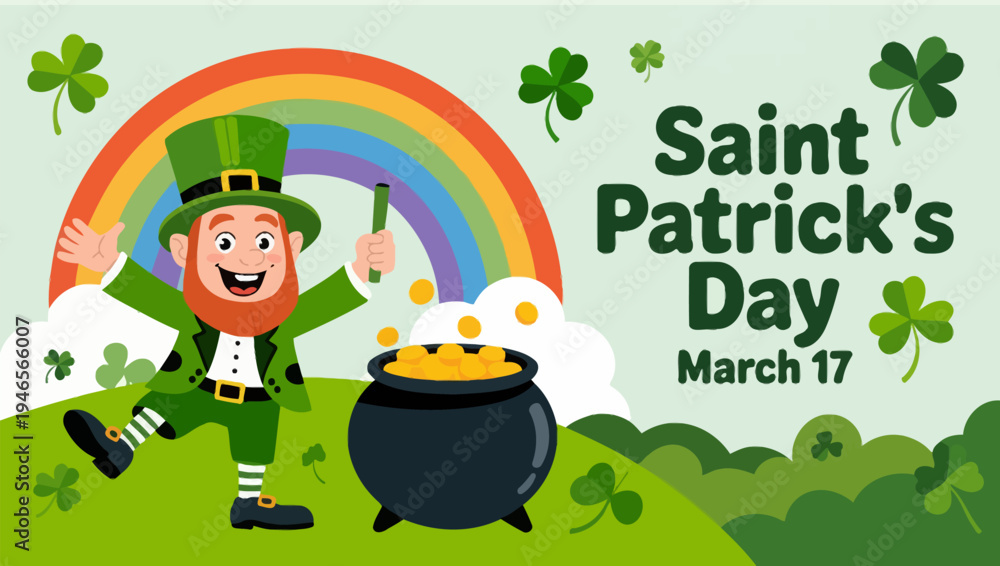 Fototapeta premium A cheerful leprechaun celebrates saint patrick s day with a pot of gold
