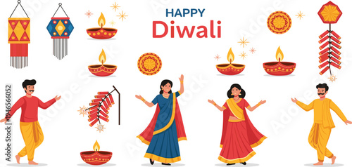 Happy Diwali Festival Illustration Set with Traditional Indian People Dancing, Diyas, Lanterns, Firecrackers, and Decorative Elements for Cultural Celebration and Holiday Design