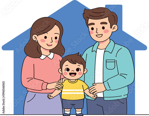 Happy Family Standing Together in Front of House with Parents and Child Showing Love, Care, Home Safety, Parenting, and Family Life Cartoon Vector Illustration