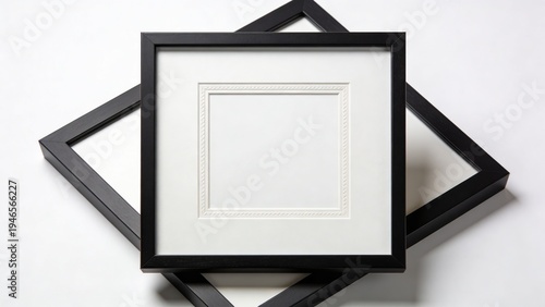  features a minimalist, square picture frame with a sleek, modern design. The frame is black with a matte finish, providing a stark contrast to the white matting inside. The matting is also square, ce