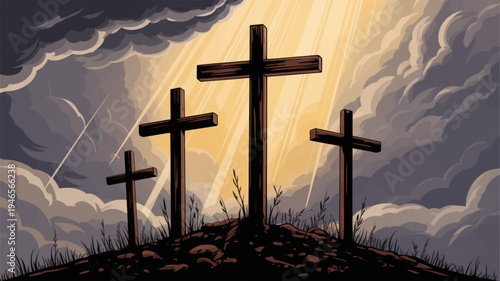 Three crosses on a hill with a dramatic cloudy sky and sunlight symbolizing faith and spirituality in a serene landscape
