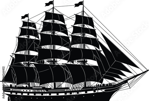 Detailed Black Sailing Ship Silhouette Featuring Multiple Masts and Full Sails Isolated on White Background for Maritime History Nautical Branding and Pirate Adventure Design Illustration