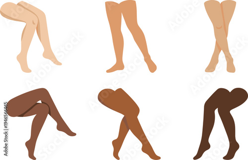female legs silhouettes set, different skin tones, crossed legs poses, elegant body parts illustration, beauty fashion concept vector collection