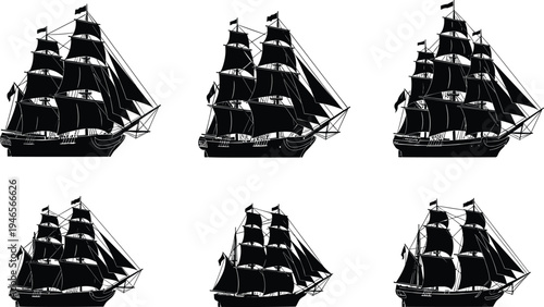 Detailed Collection of Six Nautical Sailing Ship Silhouettes Featuring Vintage Pirate Galleons Naval Frigates and Wooden Vessels Isolated on White Background for Maritime Branding Design