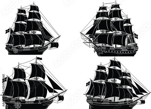 Detailed Set of Four Nautical Sailing Ship Silhouettes Featuring Vintage Pirate Galleons Naval Frigates and Wooden Vessels Isolated on White Background for Maritime Branding Design
