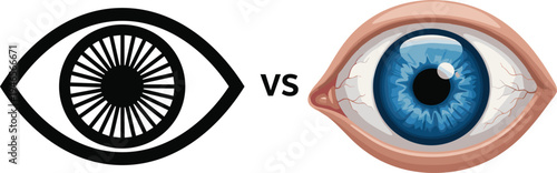 Human Eye vs Abstract Eye Symbol Illustration Comparing Realistic Vision Anatomy and Minimal Optical Icon for Design, Medical, and Technology Concepts