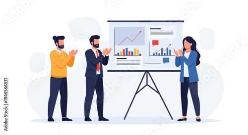 Business team applauding after successful presentation with charts on whiteboard