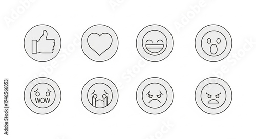 Set of eight circular icons with different emotions and symbols.
