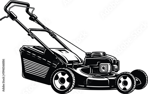Gas powered lawn mower garden equipment illustration, grass cutting machine for landscaping maintenance, yard care tool isolated vector style