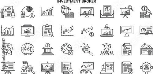 Investment Broker and Financial Trading Icon Set Featuring Stock Market Analysis, Business Growth Charts, Banking Services, Global Finance, and Wealth Management Vector Symbols