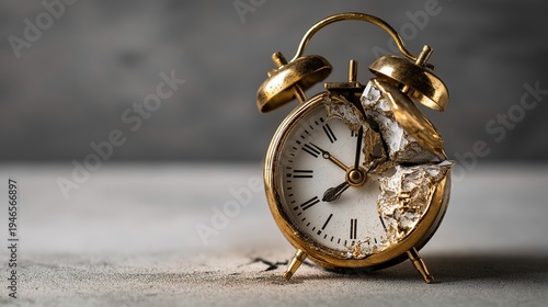 Elegant gold vintage alarm clock with a cracked and broken face on a clean grey background, representing time management failure, urgency, and luxury in a state of decay.