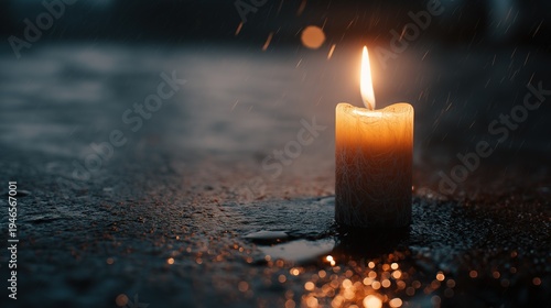 Burning candle in the rain at night, with golden bokeh light and raindrops, symbolizing resilience, persistent hope, and maintaining inner light through difficult times.