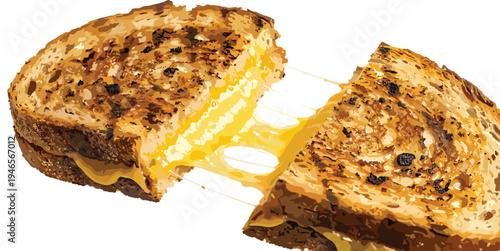 Grilled cheese sandwich with melted cheese stretch, toasted bread halves, delicious comfort food illustration isolated on light background