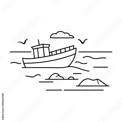 Illustration vectorielle minimaliste d’un bateau de pêche naviguant en mer avec oiseaux et vagues. Paysage maritime inspiré des ports et côtes de Bretagne, en line art épuré.