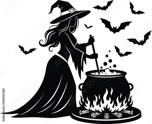 Halloween witch stirring magic potion in cauldron with bats flying, spooky fantasy silhouette illustration isolated on white background