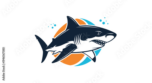 Fierce great white shark mascot logo with an open jaw is centered over orange and blue circular shapes and water bubbles.
