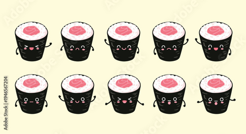 Set of ten cartoon sushi roll characters displays a variety of facial expressions from happy to sad and dizzy.