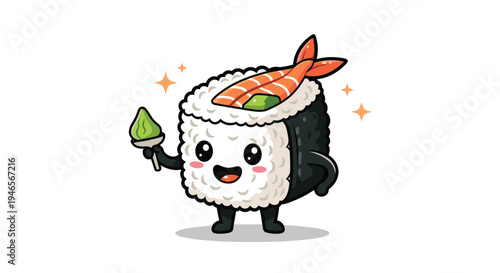 Cute cartoon sushi character with big expressive eyes holds a dollop of green wasabi on a small wooden stick tool.