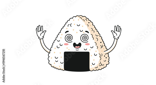 Dizzy cartoon onigiri rice ball character with swirling eyes and arms raised in surprise on a white background.