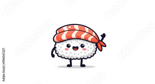 Cheerful cartoon shrimp sushi character with a happy smiling face and big eyes waves its hand on a plain white background.