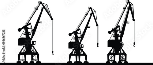 Industrial harbor crane silhouettes, port cargo lifting machinery, dockside construction equipment vector illustration, shipyard logistics transport infrastructure concept