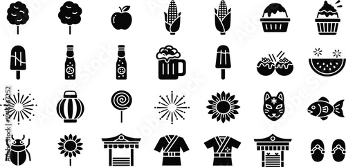 Japanese Summer Festival Icon Set Vector with Food, Fireworks, Lanterns, Temple, Yukata, Mask and Traditional Cultural Symbols Silhouette Collection