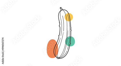 Simple line drawing of a single cucumber is decorated with multiple colorful circles in orange, yellow, and teal.