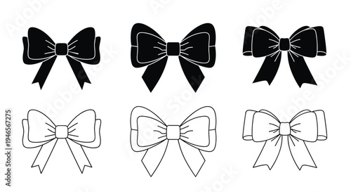 Set of six bow ties includes three solid black silhouettes and three matching black and white line outlines.