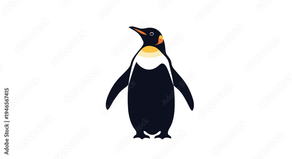Fototapeta premium Majestic king penguin is illustrated with its characteristic orange markings and sleek black feathers on a white background.