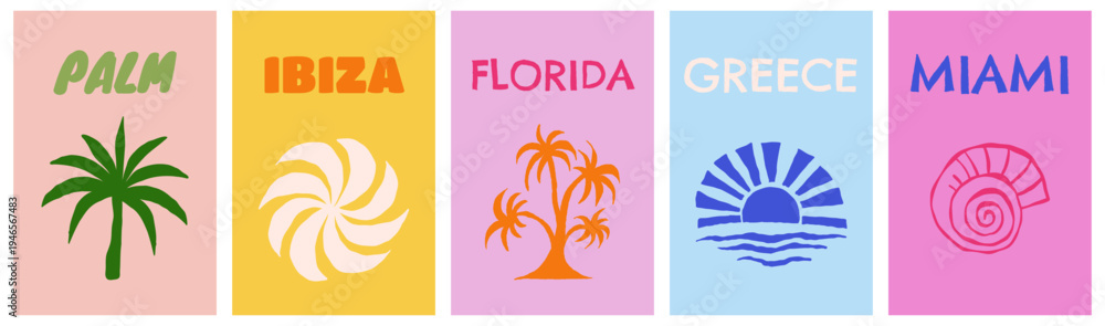 Obraz premium Vector set of cover design templates for travel vacation summer books, summer and sirf banners with hand drawn sketchy doodle illustrations in simple style