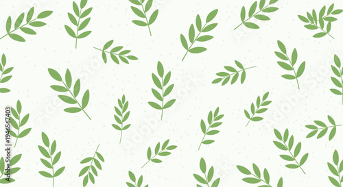 Seamless pattern of small green leaf branches is distributed across a light speckled background for a natural and organic look.