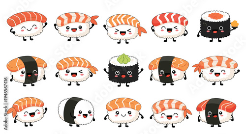 Large grid of fifteen diverse and cute cartoon sushi characters with various expressions is shown in a colorful kawaii style art.