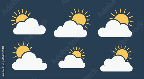 Multiple variations of sun and cloud weather icons are shown in yellow and white on a dark blue background for forecasting use.