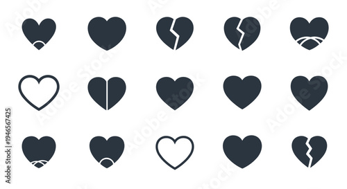 Set of fifteen heart icons including solid shapes outlined versions and broken hearts is displayed in a clean grid arrangement.