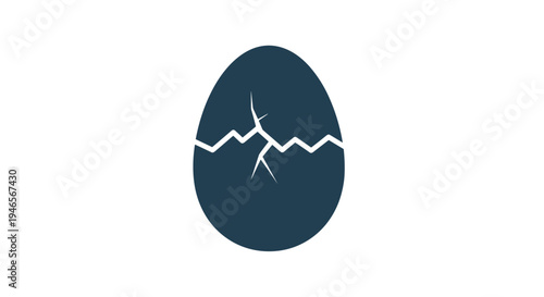 Silhouette of a cracked egg is shown as a simple dark blue graphic on a white background representing birth or a new beginning.