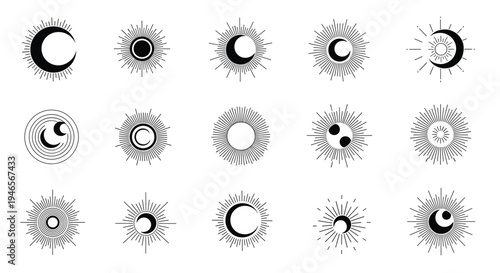Collection of sun and moon icons in various celestial and mystical styles are presented in a clean black and white grid format.