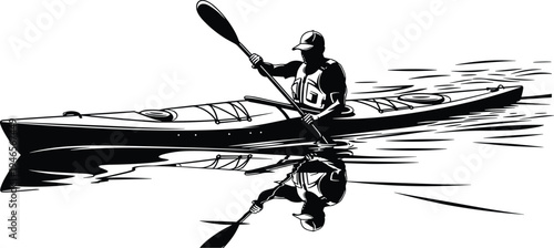 Kayaker paddling kayak on calm water illustration, outdoor kayaking sport activity silhouette vector isolated on white background